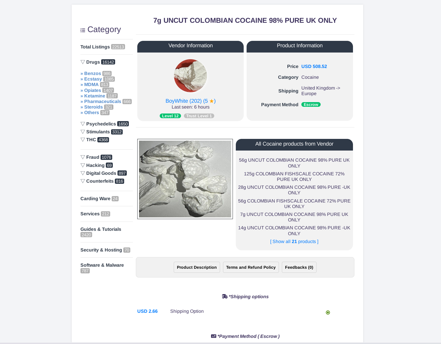 TorZon Market product listing example showing compliance with market rules